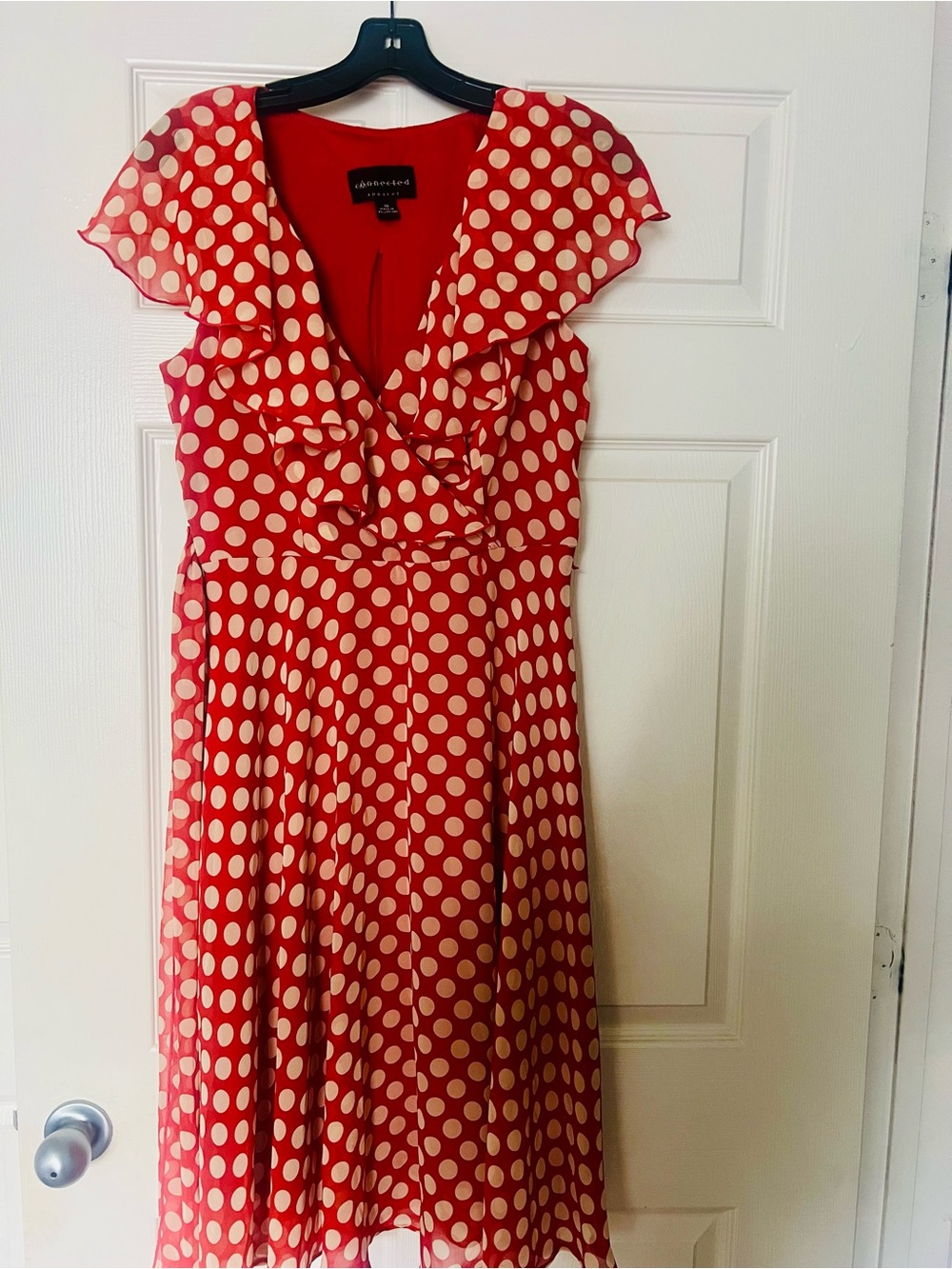 Dress Barn Red and Cream Polka Dot Midi Dress with Ruffle V-Neck